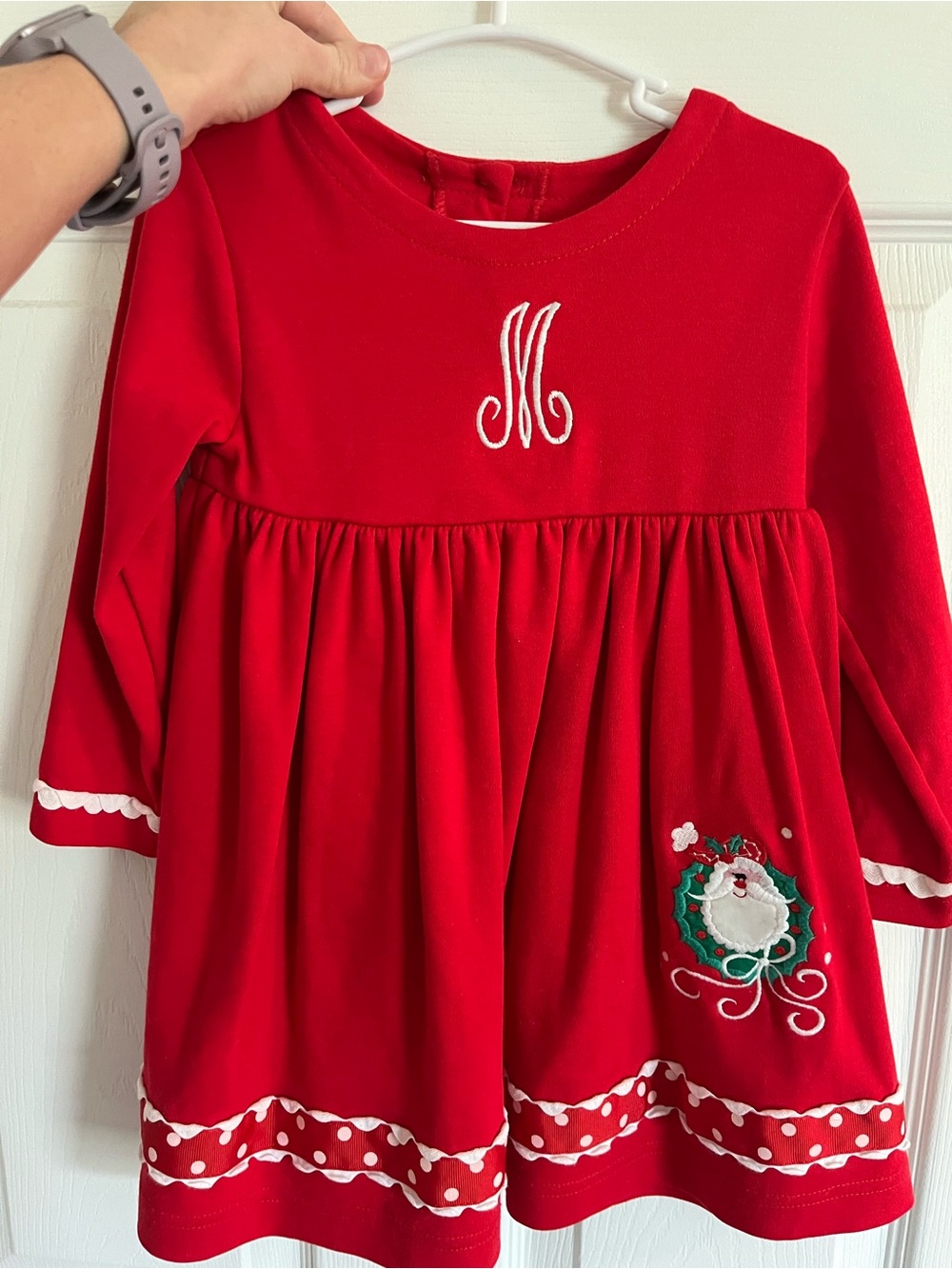 Red Holiday/Christmas Girl's Dress with Embroidered ‘M’ & Santa Claus